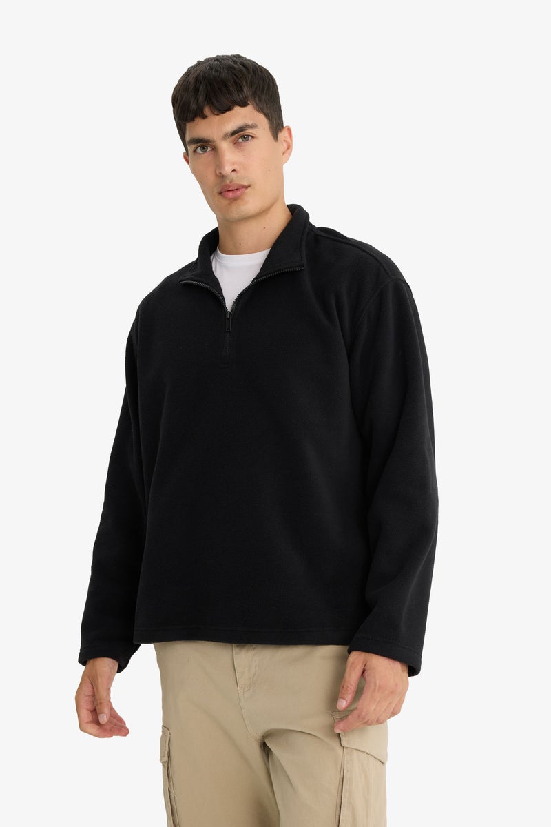 DeFacto Black Man Relax Fit Half Zippered Fleece Sweatshirt Casual - Image 3